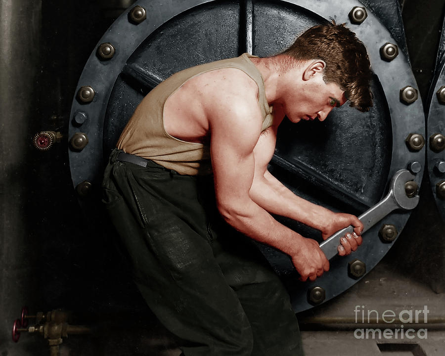 Vintage Photograph - Power House Mechanic Working On Steam Pump by Lewis Hine Colorized 20170701 horizontal by Wingsdomain Art and Photography