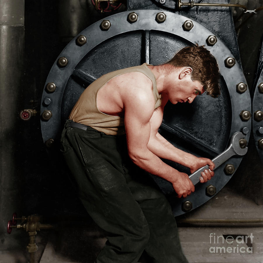 Vintage Photograph - Power House Mechanic Working On Steam Pump by Lewis Hine Colorized 20170701 square by Wingsdomain Art and Photography