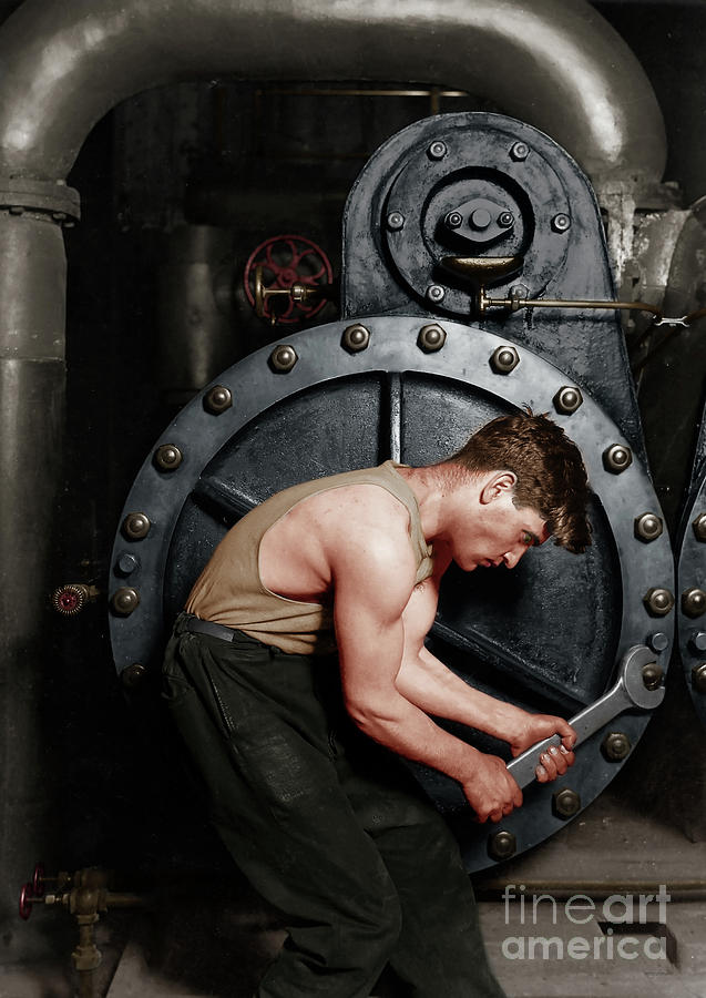 Vintage Photograph - Power House Mechanic Working On Steam Pump by Lewis Hine Colorized 20170701 by Wingsdomain Art and Photography
