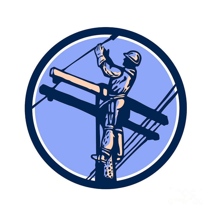 Power Lineman Digital Art - Power Lineman Repairman Climb Pole Retro Circle by Aloysius Patrimonio