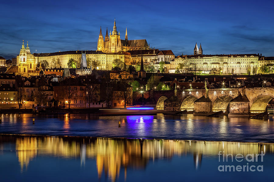 Prague Castle, Hradcany reflecting in Vltava river in Prague, Czech Republic at night Photograph by Michal Bednarek