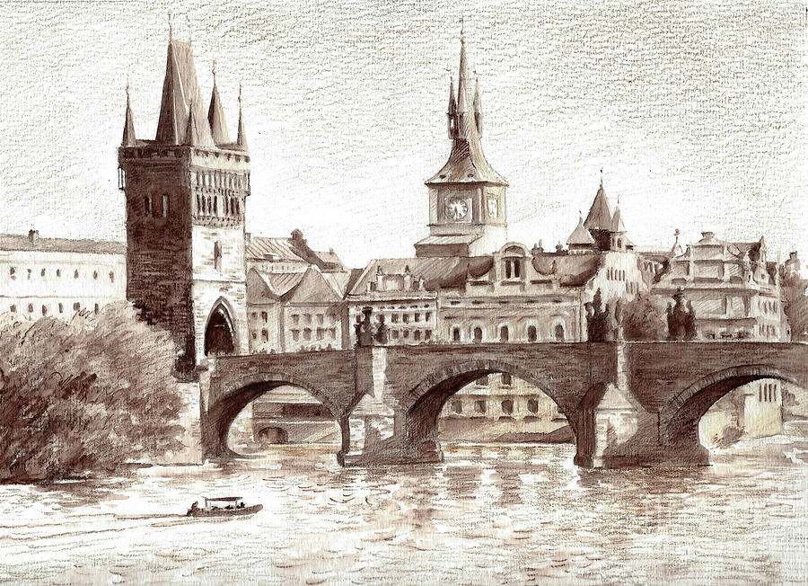 Prague Drawing - Prague, Charles Bridge by Anatol Woolf