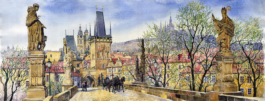 Watercolour Painting - Prague Charles Bridge Spring by Yuriy Shevchuk