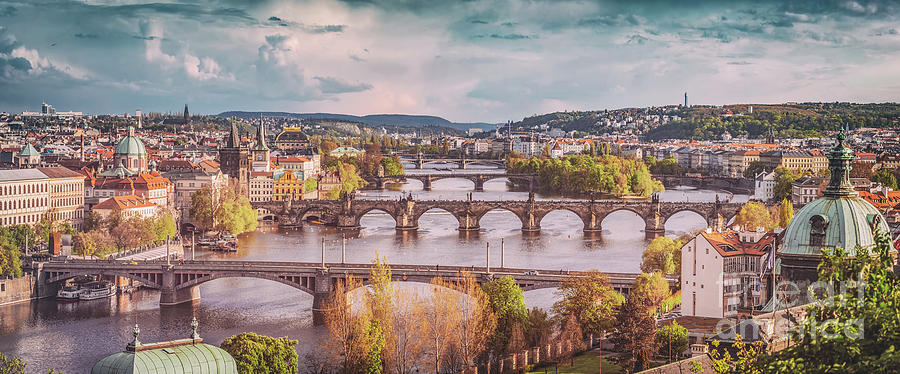 Prague, Czech Republic bridges skyline with historic Charles Bridge and Vltava river. Vintage Photograph by Michal Bednarek