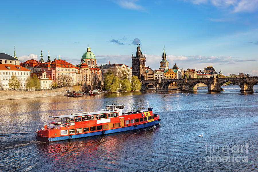 Architecture Photograph - Prague, Czech Republic. Charles Bridge, boat cruise on Vltava river by Michal Bednarek