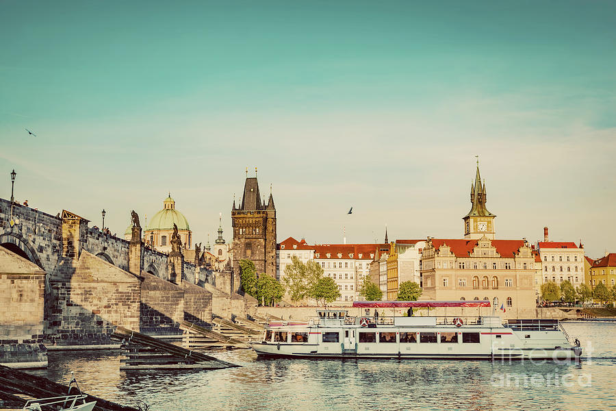Prague, Czech Republic. Charles Bridge, boat cruise on Vltava river. Vintage Photograph by Michal Bednarek