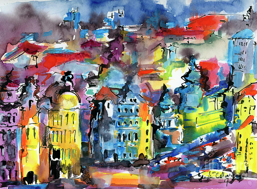 Prague Impressions Modern Watercolor and Ink Painting by Ginette Callaway