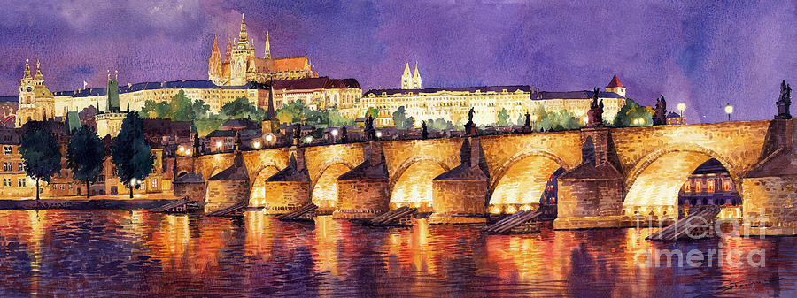 Watercolour Painting - Prague Night Panorama Charles Bridge  by Yuriy Shevchuk