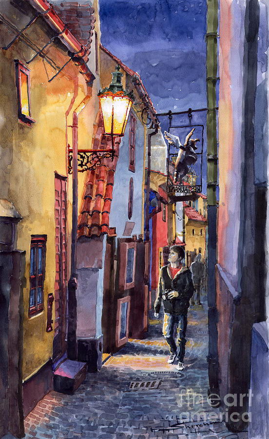 Goldenline Painting - Prague Old Street Golden Line by Yuriy Shevchuk
