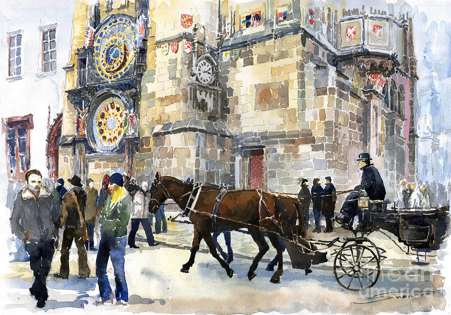 Horse Painting - Prague Old Town Square Astronomical Clock or Prague Orloj  by Yuriy Shevchuk