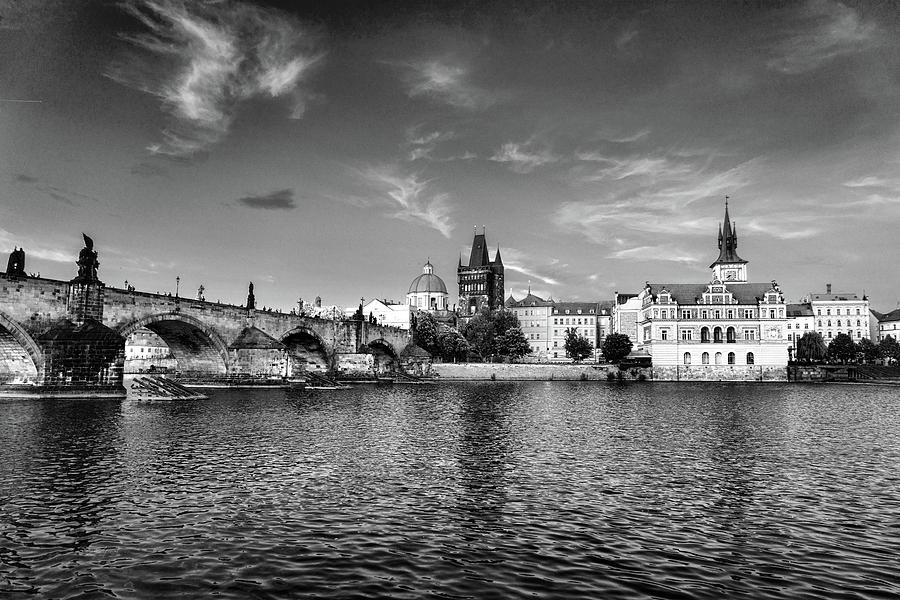 Prague on the Water Black and White Photograph by Sharon Popek