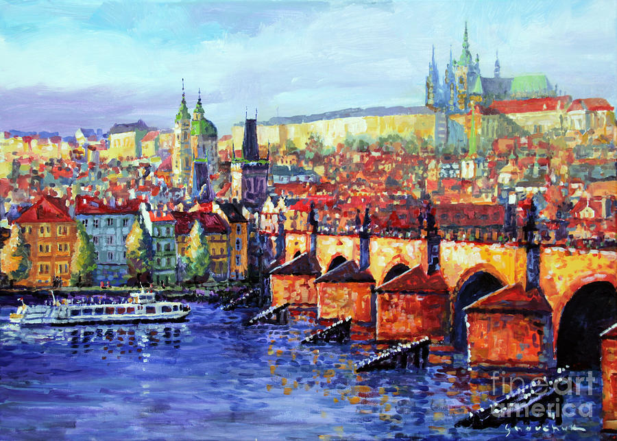 Architecture Painting - Prague Panorama Charles Bridge 07 by Yuriy Shevchuk