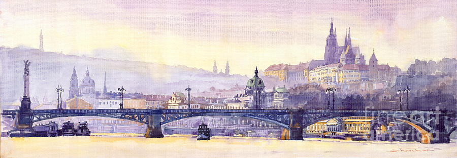 Bridge Painting - Prague Panorama Chehuv Bridge by Yuriy Shevchuk