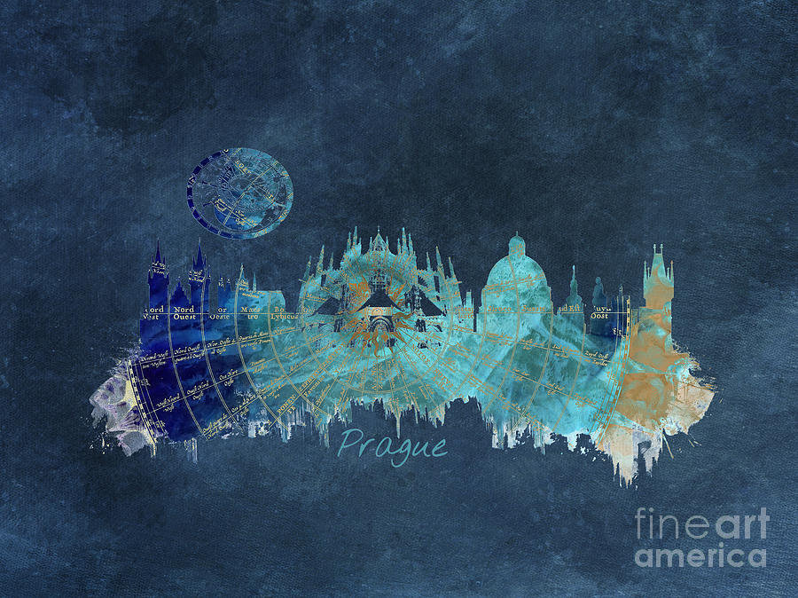Prague skyline blue art Digital Art by Justyna Jaszke JBJart