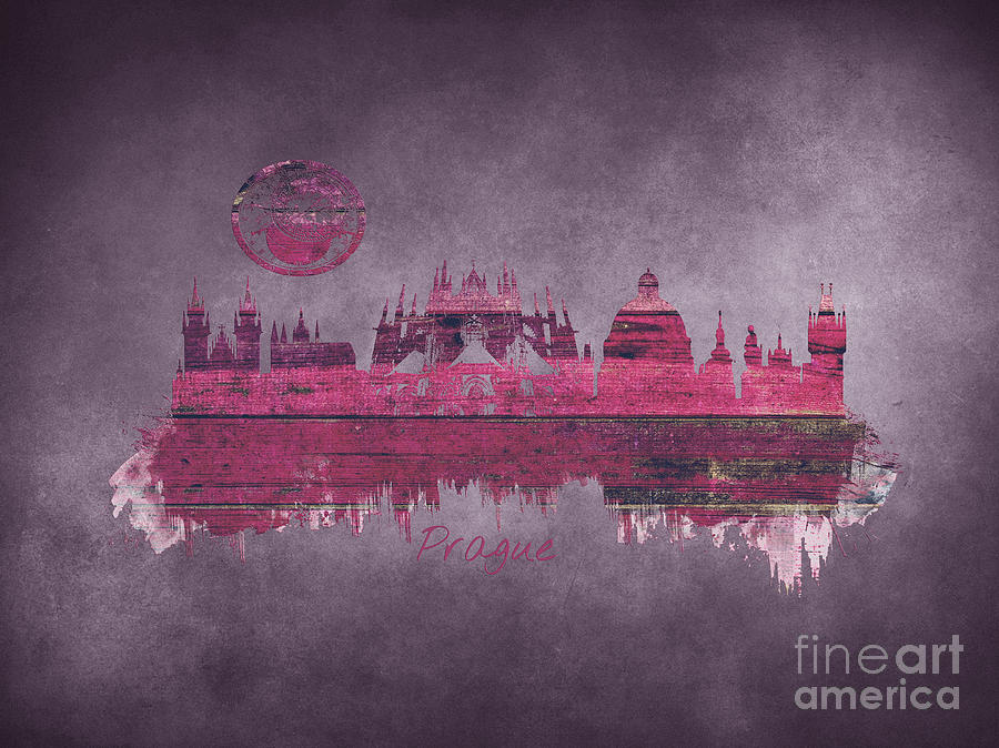 Prague skyline purple Digital Art by Justyna Jaszke JBJart