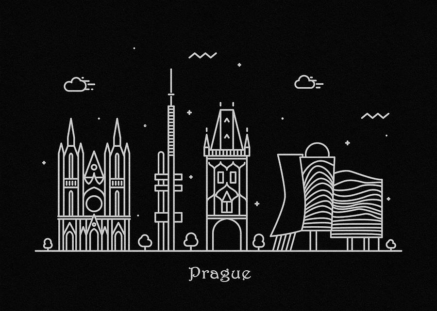 Black And White Drawing - Prague Skyline Travel Poster by Inspirowl Design