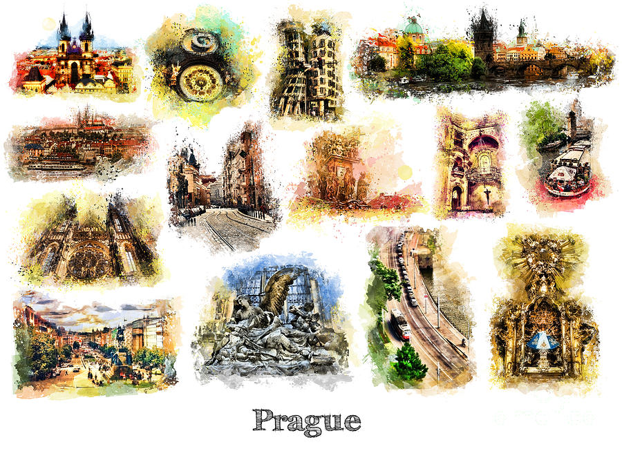 Prague watercolor postcard Painting by Justyna Jaszke JBJart