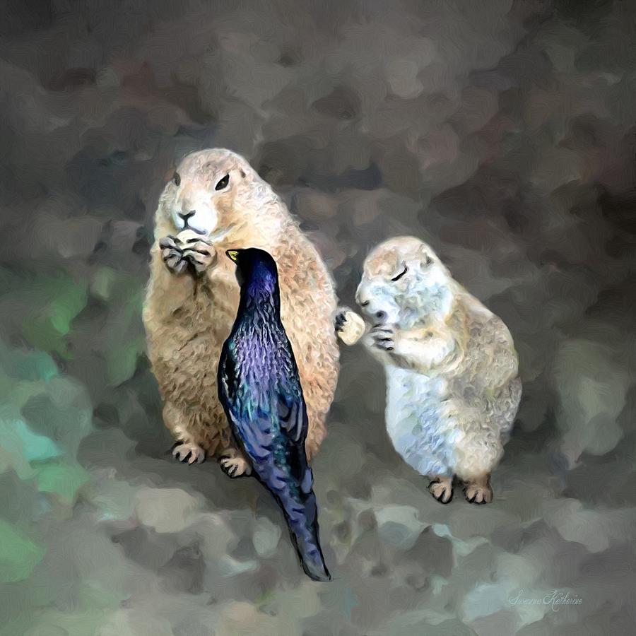 Animal Painting - Prairie Dogs And A Bird Eating by Susanna Katherine