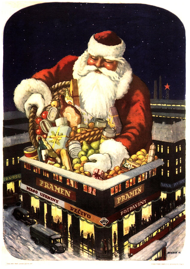 Pramen, Maso Uzeniny - Santa Claus Gift - Christmas - Vintage Food Advertising Poster Mixed Media by Studio Grafiikka