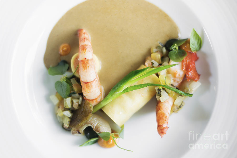Prawns With Grilled Vegetables Prawn Mousse Roll And Mushroom Sauce Photograph by JM Travel Photography