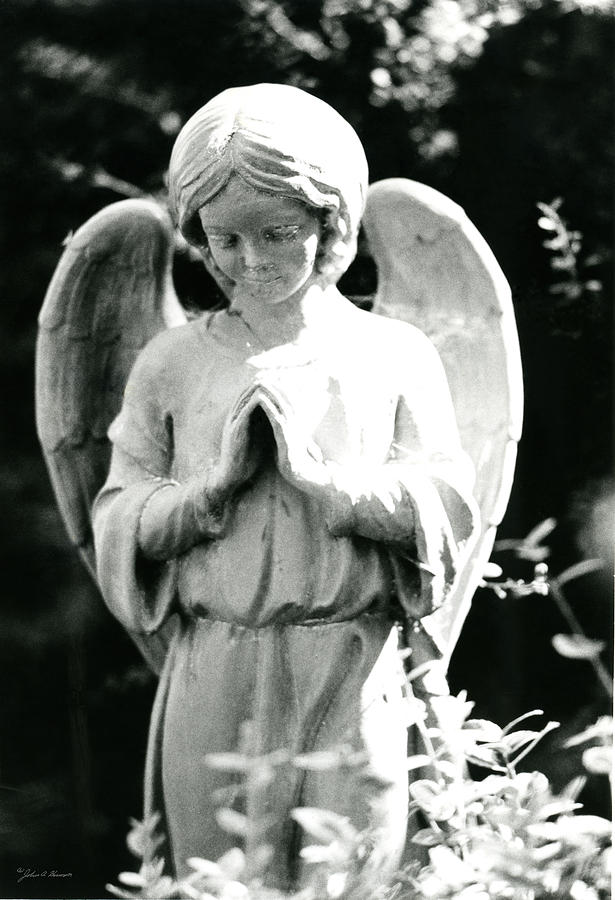 Praying Angel Statue in Black and White Photograph by John Harmon