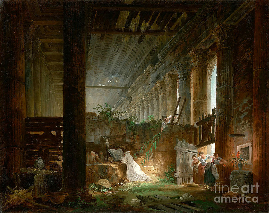 Praying hermit in the ruins of an ancient Roman temple Painting by MotionAge Designs