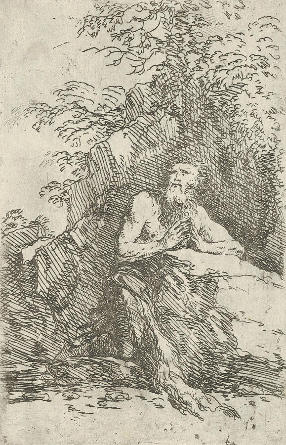 Praying male penitent in the wilderness Relief by Salvator Rosa