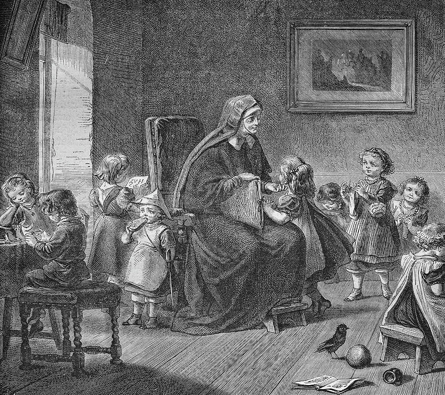 Pre-school, Historic Steel Engraving From A Bible 1860 Drawing