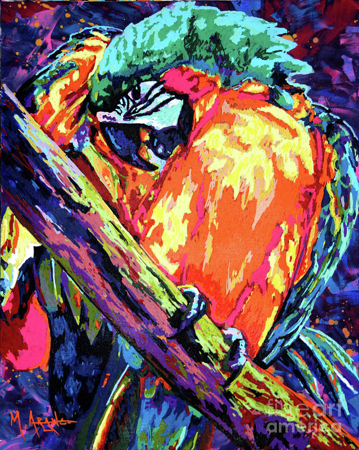 Preening Macaw Painting by Maria Arango