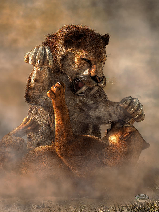 Prehistoric Digital Art - Prehistoric Cat Fight by Daniel Eskridge