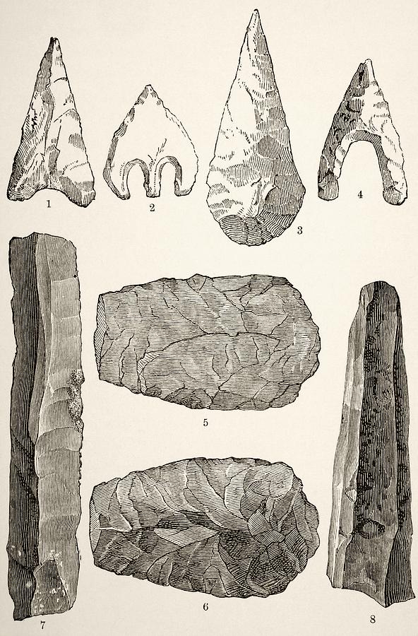 Prehistoric Drawing - Prehistoric Flint Implements. 1,2,3 And by Vintage Design Pics