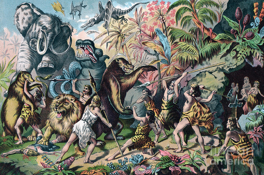 Prehistoric Painting - Prehistoric Man Battling Ferocious Animals by American School