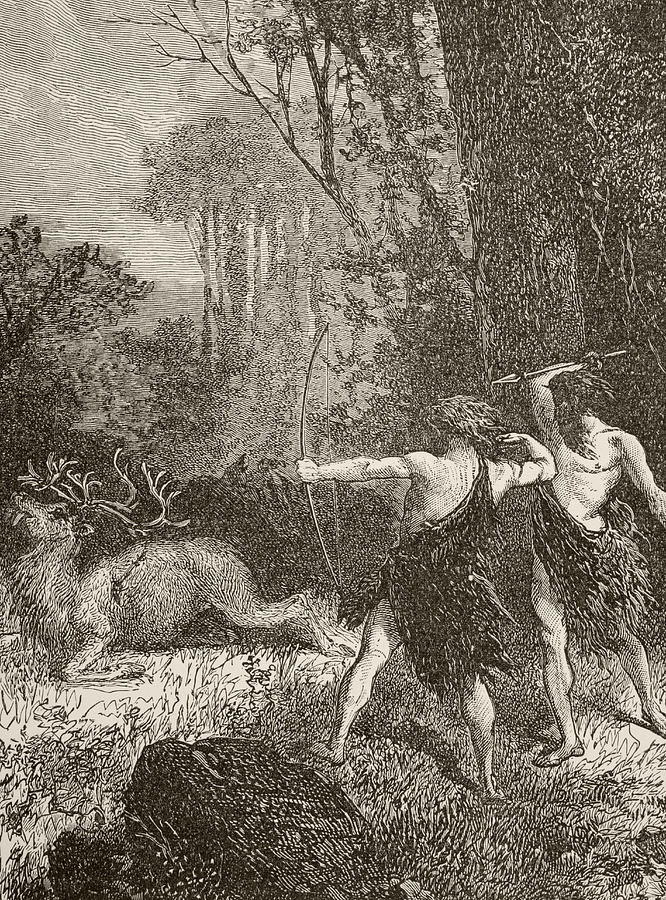 Prehistoric Drawing - Prehistoric Men Hunting With Bow And by Vintage Design Pics