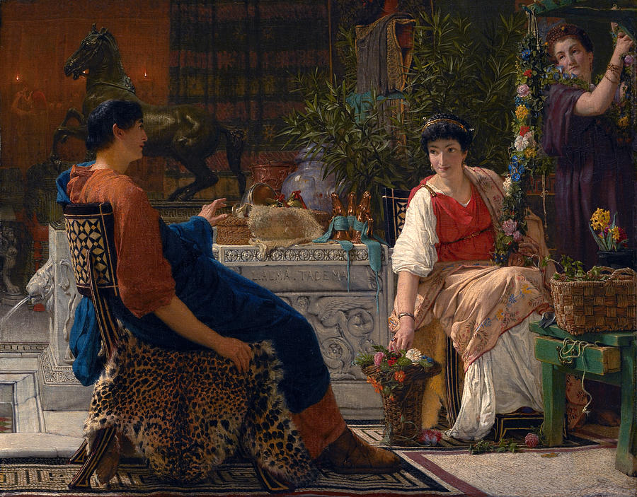 Preparations for the festivities. The floral wreath Painting by Lawrence Alma-Tadema