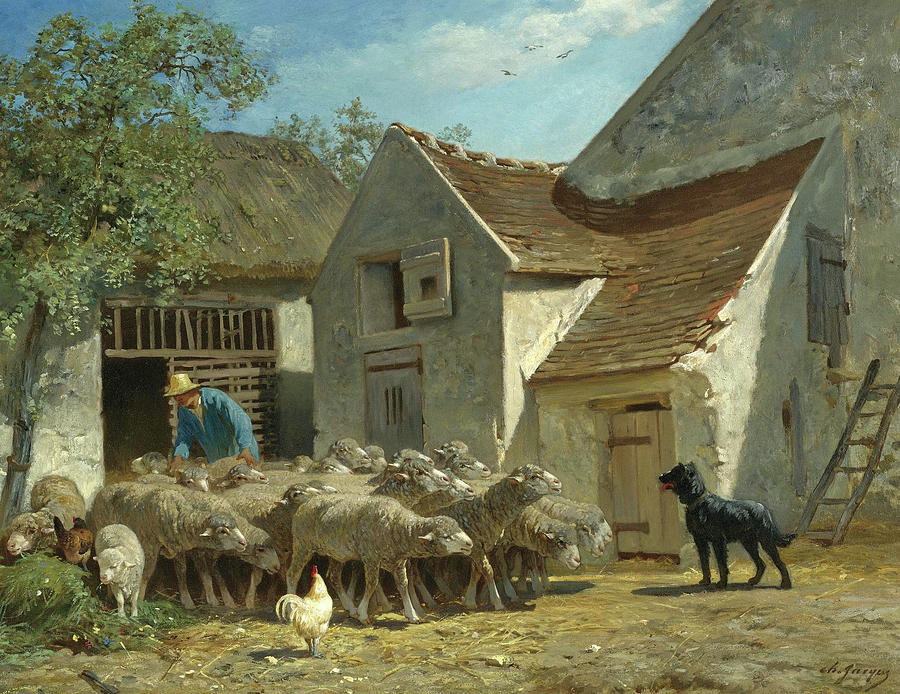 Preparing the Flock for Pasture Painting by Charles-Emile Jacque