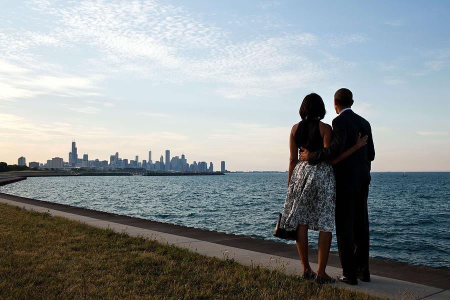 President Barack Obama and First Lady Michelle Obama look out at the Chicago, Ill., skyline Painting by Celestial Images