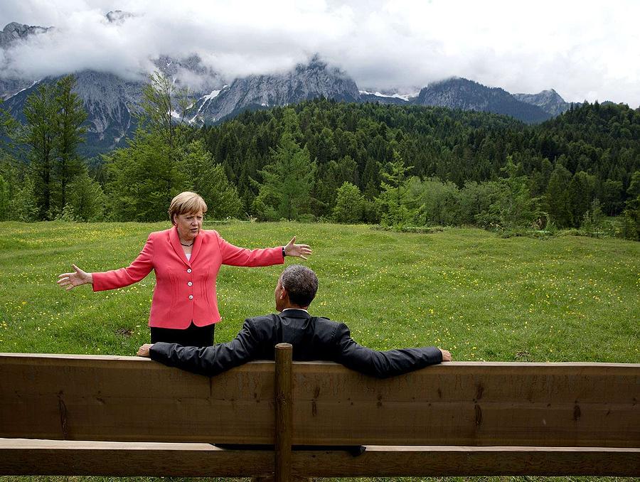 President Barack Obama with Chancellor Angela Merkel Painting by Celestial Images