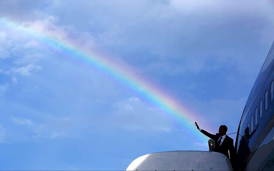 President Barack Obamas wave aligns with a rainbow Painting by Celestial Images