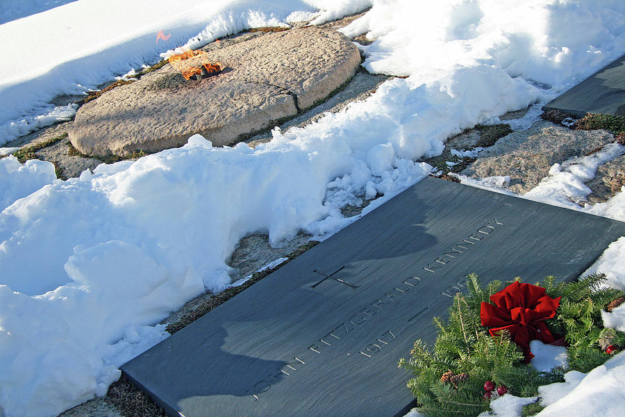 President John Kennedy Tombstone With Snow And Eternal Flame Photograph by Cora Wandel