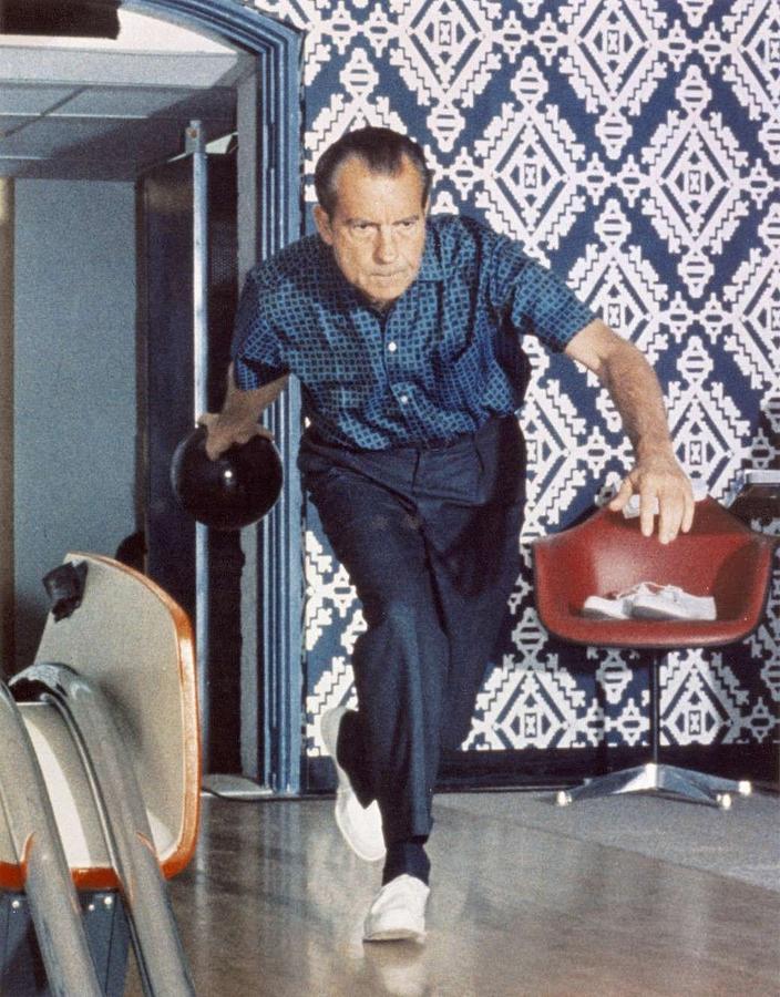 President Richard Nixon Bowling At The White House In 1970 Painting by Celestial Images