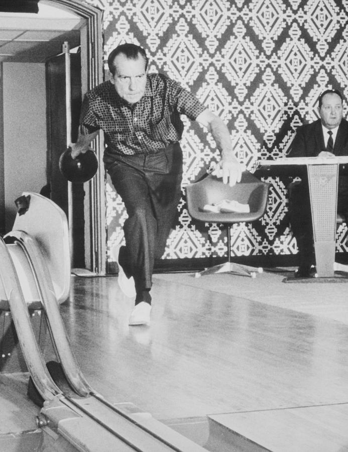 Richard Nixon Photograph - President Richard Nixon Bowling At The White House by War Is Hell Store