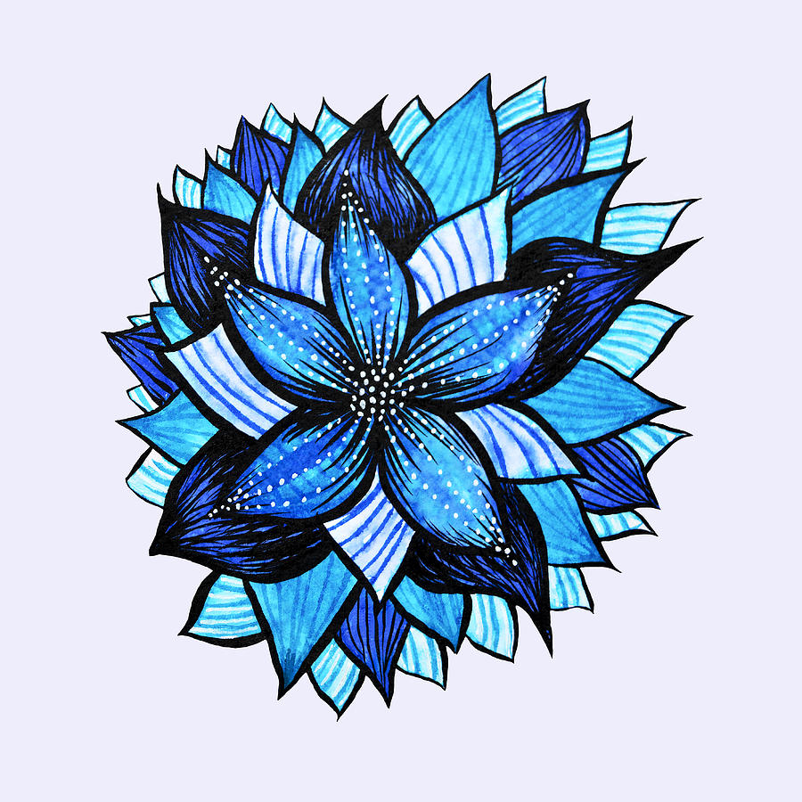 Pretty Abstract Blue Mandala Like Flower Drawing Digital Art by Boriana Giormova