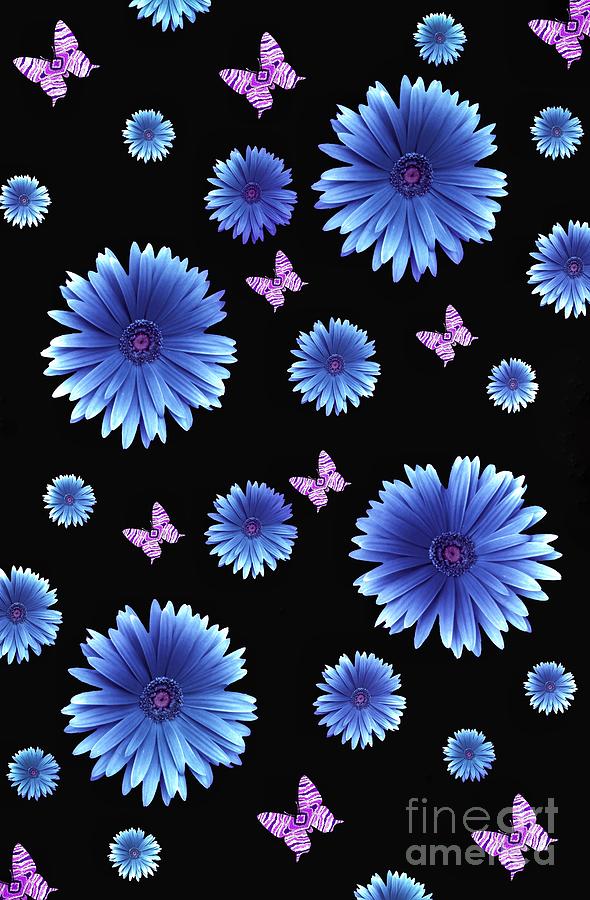 Pretty Blue Flowers On Black Digital Art by Rachel Hannah