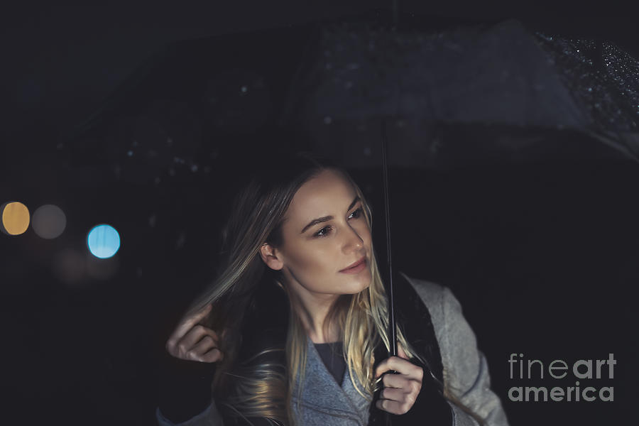Pretty girl at rainy night outdoors Photograph by Anna Om