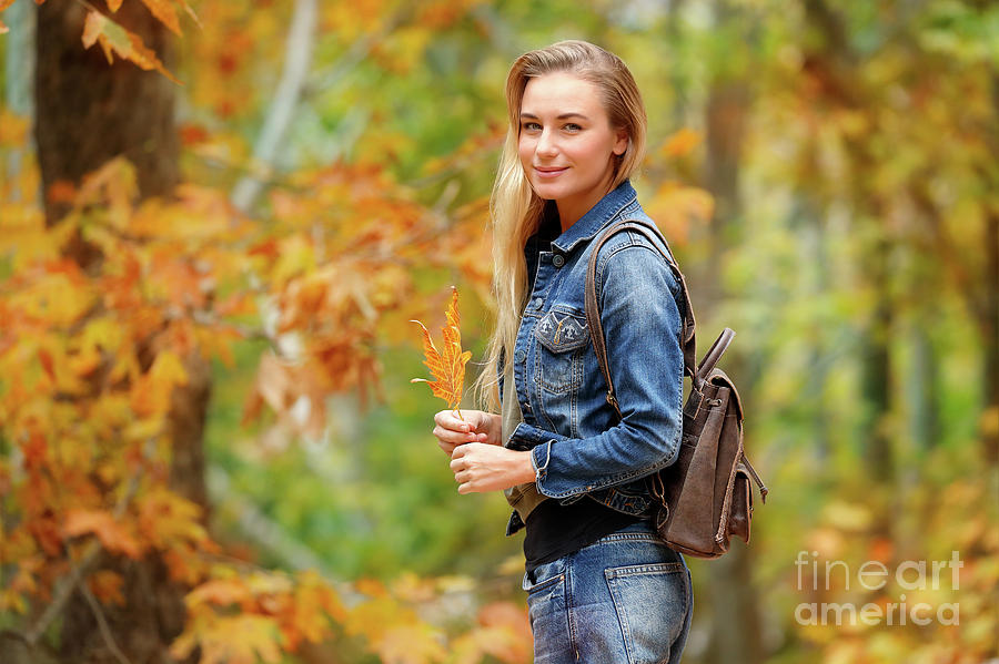 Pretty girl in autumn forest Photograph by Anna Om