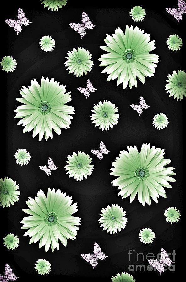 Pretty Green Flowers On Black Digital Art by Rachel Hannah