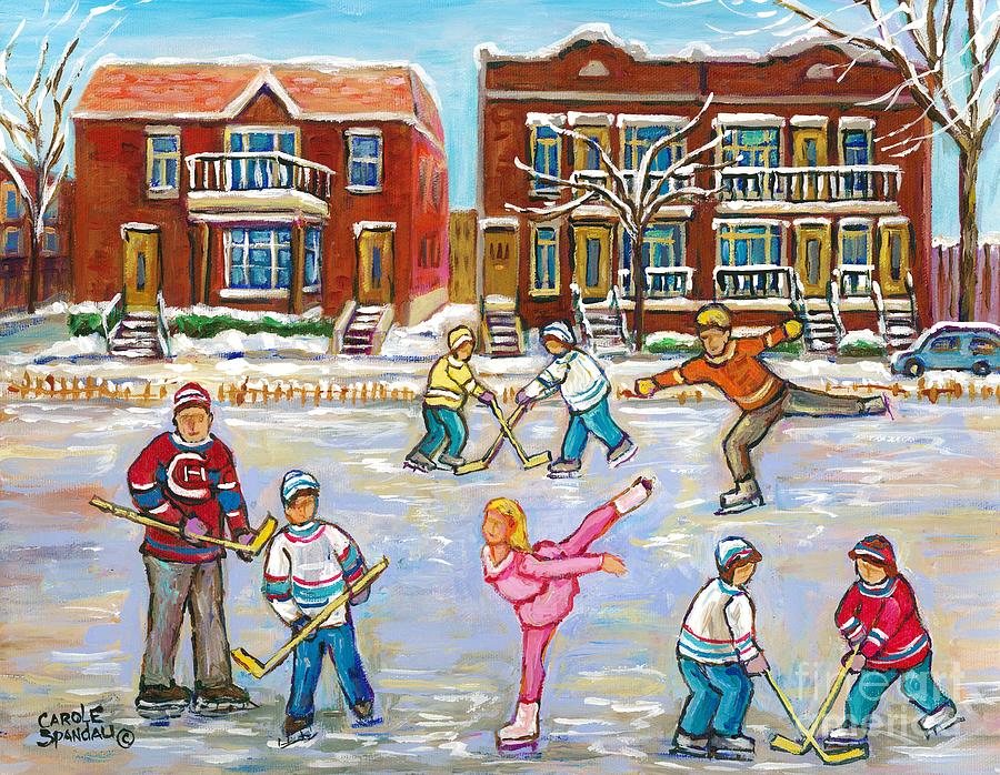 Pretty Little Pink Skater And Hockey Dad Share Ice Time Snowy Montreal Duplexes C Spandau Art Painting by Carole Spandau