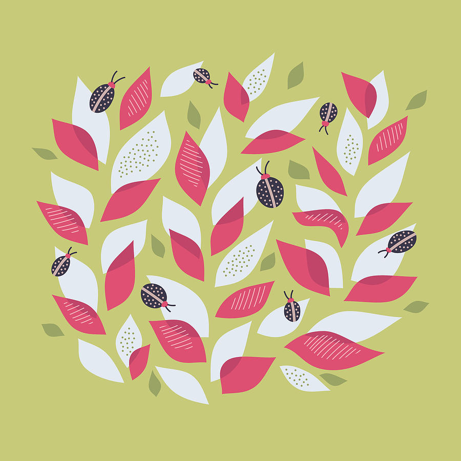 Abstract Digital Art - Pretty Plant With White Pink Leaves And Ladybugs by Boriana Giormova