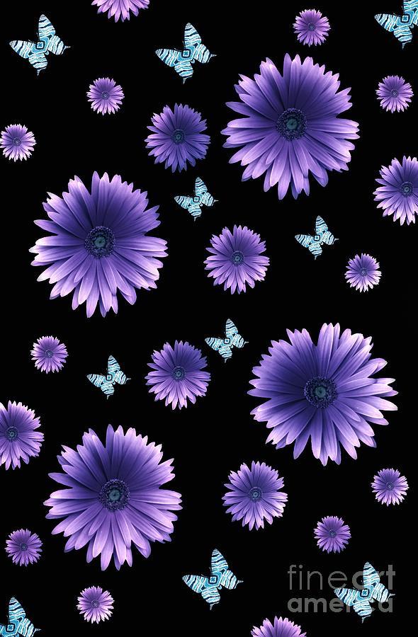 Pretty Purple Flowers On Black Digital Art by Rachel Hannah