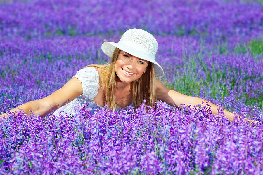 Pretty woman on lavender field Photograph by Anna Om